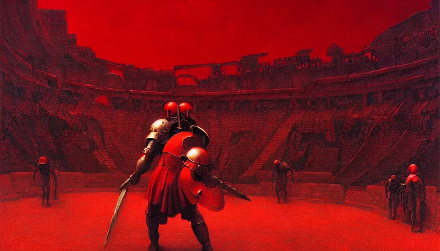 Image similar to only with red, a lightly armored gladiator in a crowded roman amphitheatre, crowd cheering, in the style of beksinski and edward hopper and rodcenko and yue minjun and cory loftis, intricate and epic composition, red by caravaggio, highly detailed, masterpiece, red light, artstation, art nouveau