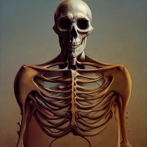 Prompt: A portrait of Skeleton by Zdzisław Beksiński and Ilya Repin,In style of Futurism.digital art, illustration,hyper detailed,smooth, sharp focus,trending on artstation,oil on the canvas,4k