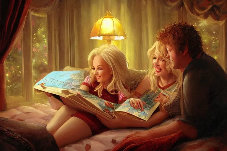 Image similar to portrait of young dolly parton reading a bedtime story to jim morison in bed, an oil painting by ross tran and thomas kincade