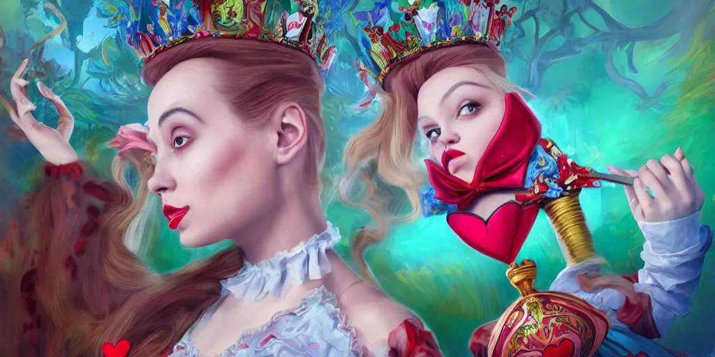 Prompt: The Queen Of Hearts, Alice in wonderland, colorful, wide angle, super highly detailed, professional digital painting, artstation, concept art, smooth, sharp focus, no blur, no dof, extreme illustration, Unreal Engine 5, Photorealism, HD quality, 8k resolution, cinema 4d, 3D, beautiful, cinematic, art by artgerm and greg rutkowski and alphonse mucha and loish and WLOP