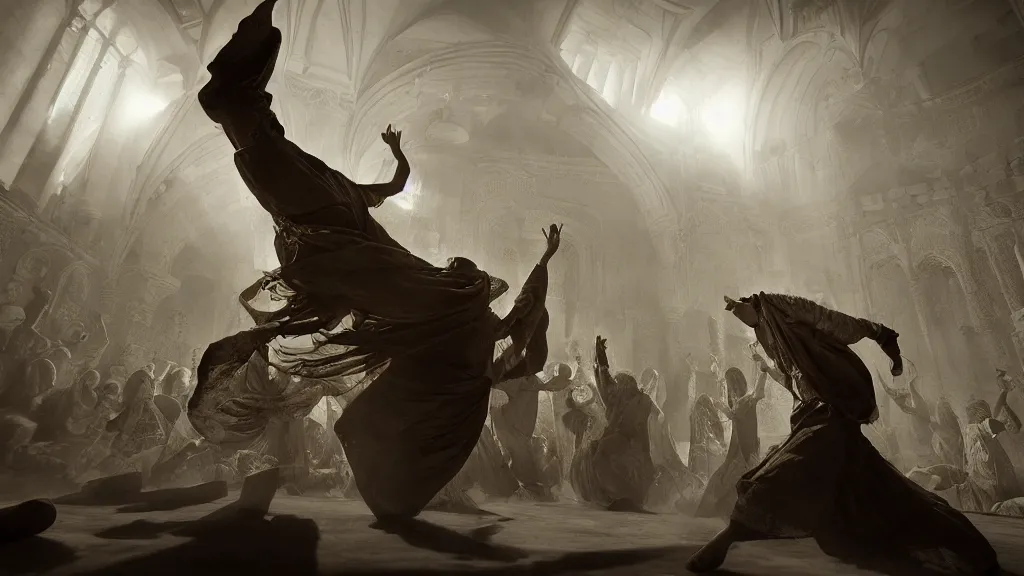 Image similar to tyrkisk sufi dance, sufi, arabic words, bysintine, gothic, 4 k, smokey, michael whelan, peter mohrbache, giovanni paolo panini style epic, volumetric light, insanely detailed, unreal engine render, artstation trends, hyper detail, epic art style, cinematic, concept art, soft white gold lights