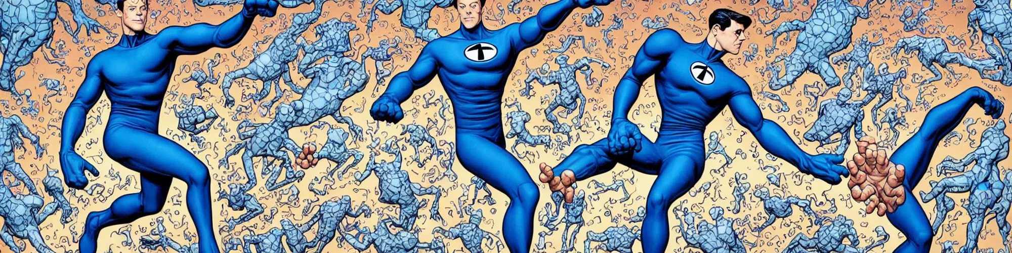 Prompt: mr. fantastic from the fantastic four showing off his weird limbs illustrated by james jean with very long hands and arms and fingers and legs and feet twirling and twisting around in a very high tech lab in space