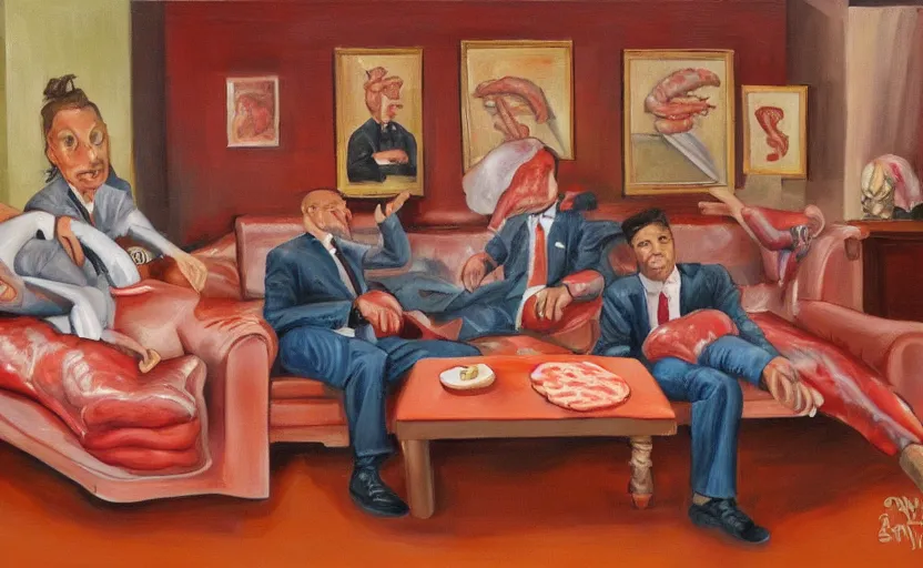 Image similar to realistic painting of couch made out of meat, business men sitting on couch made out of meat and talking,