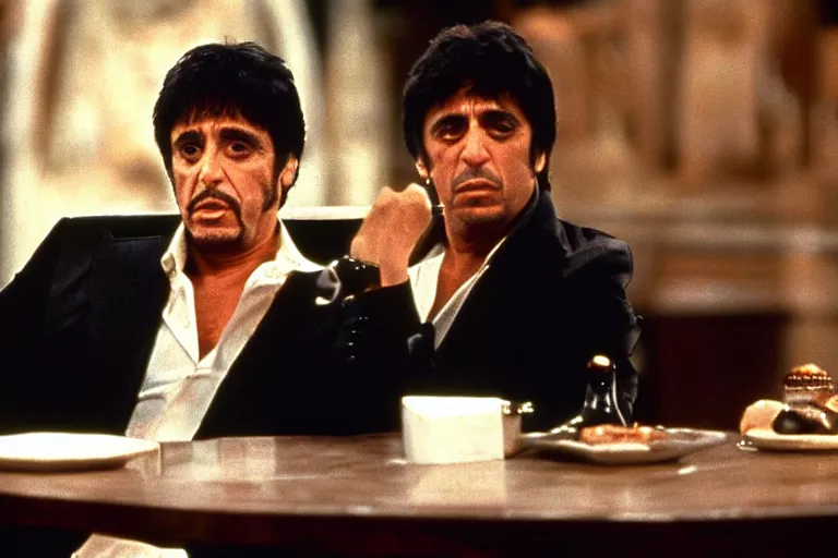 Image similar to tony montana from movie scarface 1 9 8 3 sitting behind a big black oak table with big large packages of flour. al pacino. perfect symmetric face, coherent eyes, medium shot, fine details, 4 k, ron cobb. last scene from scarface movie, bokeh