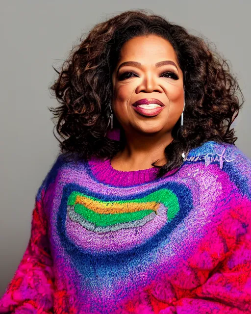 Prompt: headshot of the oprah winfrey, wearing a colorful coogi sweater, and black jeans, photoshoot in the style of annie leibovitz, studio lighting, soft focus, bokeh