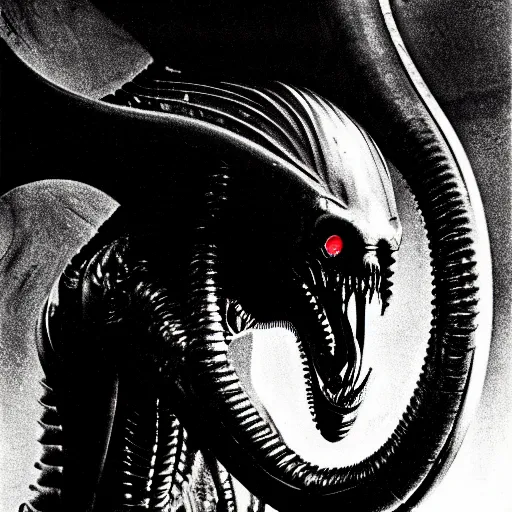 Image similar to a close - up, ultra detailed black & white studio photographic portrait of a loud screeching giant, bat - like creature flying towards you, you are exploring an alien planet and come across a strange, dark cave, dramatic backlighting, 1 9 7 3 photo from life magazine, by keith thompson, h. r. giger, in the style of the movie aliens