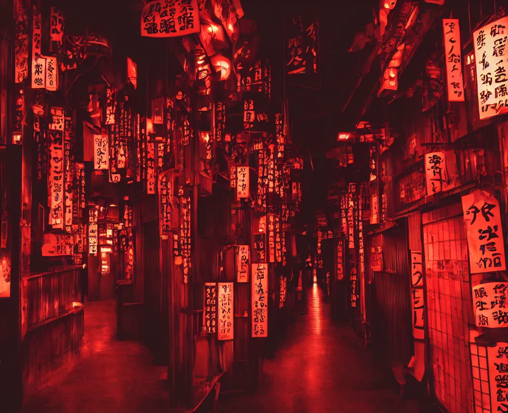 Image similar to spooky photo of a dark infinite hallway of a japanese izakaya with open lit doorways all the way down, dramatic lighting, smoke, ceiling fluorescent lighting, black and red colour palette