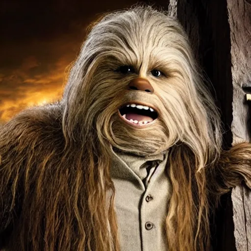 Image similar to promotional image of Chewbacca as Bilbo Baggins in The Hobbit: An Unexpected Journey (2012) directed by Peter Jackson, movie still, promotional image, imax 70 mm footage