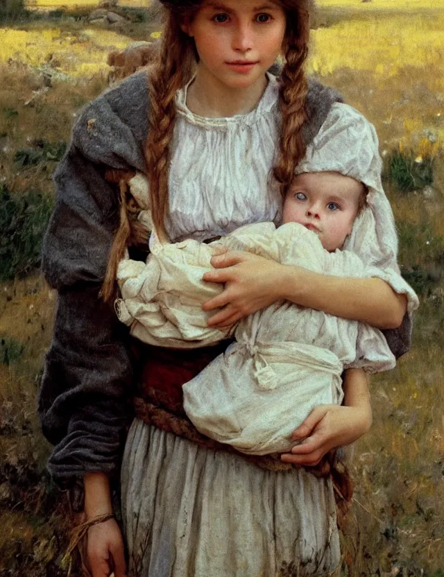 Prompt: portrait of peasant girl holding little foat in her hands, cottage core, cinematic focus, polaroid photo bleached vintage pastel colors high - key lighting, soft lights, foggy, by steve hanks, by lisa yuskavage, by serov valentin, by tarkovsky, 8 k render, detailed, oil on canvas