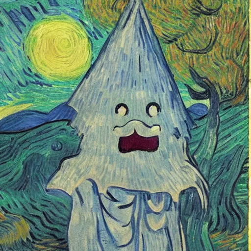 Prompt: ghost wearing a party hat and holding a sword in a japanese garden, van gogh painting,