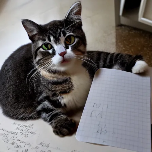 Image similar to a photo of a cat writing the word meow on a notepad