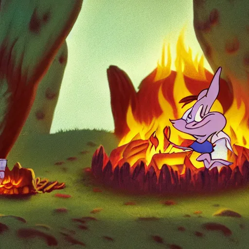 Image similar to full body portrait of Esmerelda (Tiny Toons (1990)) sitting around a campfire telling stories with her friends, in style Goro Fujita, 3D, UE5, ultra high textures, dark vignette, burning embers, nostalgic, muted colors, desaturated, volumetric, slightly drunk, candy rush, autochrome, tranquil, starry night, marshmallows, s'mores, highly detailed, busy, 4K, 8K, HQ