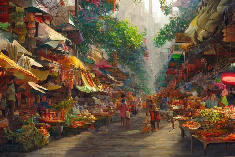 Prompt: a beautiful painting of a jungle market, Feng Zhu, digital art, artstation