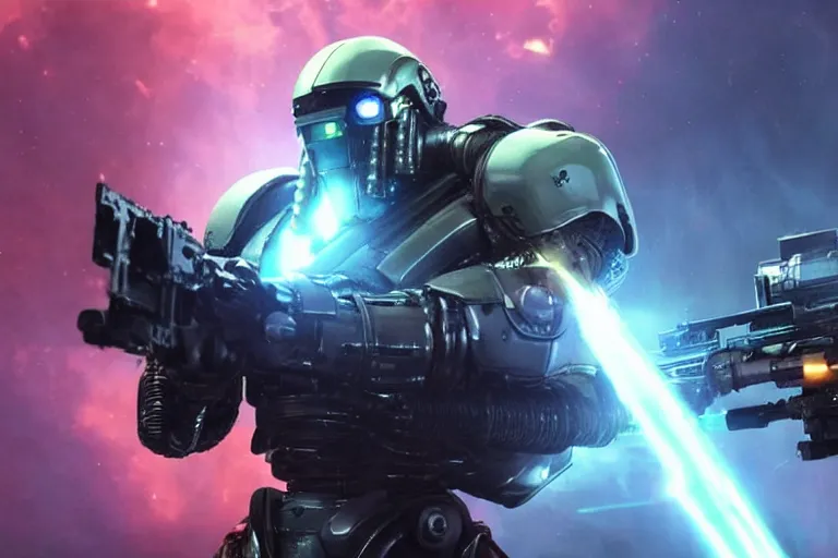 Image similar to VFX movie of a futuristic inhuman alien spacemarines in future spaceship, firing gun at space pirates detailed creature skin neon lighting combat by Michael Bay