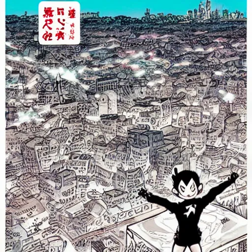 Image similar to “Astro Boy Demon nº625 Manga cover with an illustration of astroboy flying over a big messy luminous city, bird eyes view of the city, full of japanese signs, Ashley wood style, dynamic composition, printed on paper”