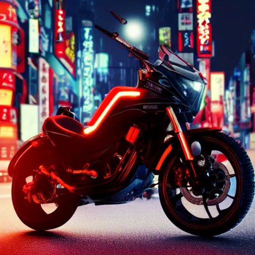 Image similar to uncropped photo of Akira bike :: ultra realistic render of Akira motorbike in the streets of Tokyo at night, octane render, cyberpunk, 8K, depth of field, bokeh, Akira moto, Akira , ultra detailed, photorealistic