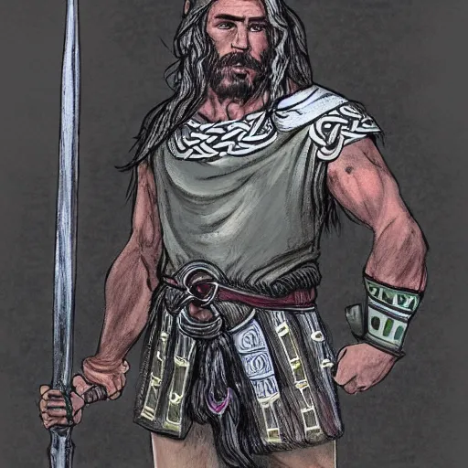 Prompt: full face and body character design reference art of Eoghaill of the Murine Hordes, a male La Tene Culture Celtic chieftain and warrior, resplendent and proud of bearing, long black hair, hirsute and muscled, wielding a Celtic longsword. Has a rat familiar. high quality, high detail, realistic gouache illustration, in the style of: Angus McBride, Mike Mignola, Jean Giraud, Alex Ross, and Michael William Kaluta.