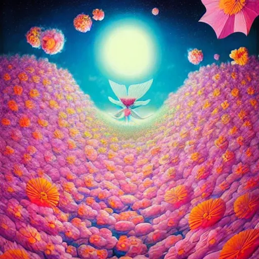 Image similar to abstract miraculous creature, giant wings, pink, flower blossoms, stars, night sky, hyper detailed, kawaii, by jacek yerka, lewandowski, hopper and gilleard, ryden, wolfgang lettl, hints of yayoi kasuma