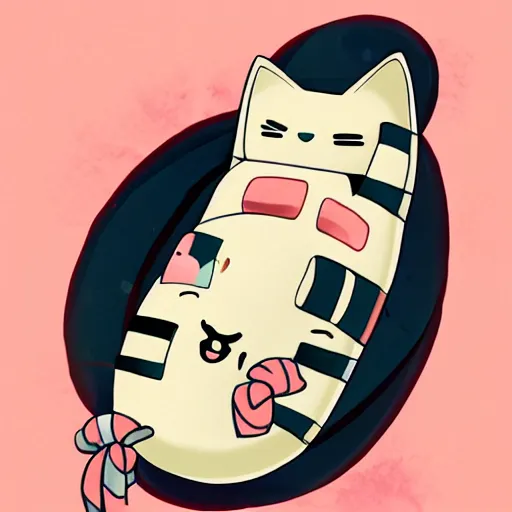 Prompt: cat wrapped up like a sushi roll, by sanrio, cute, adorable, kawaii, digital painting, trending on artstation