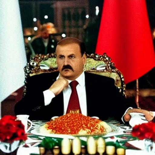 Image similar to Alexander Lukashenko in Scarface, cocaine on the table, belarusian flag in the background, cinematic still
