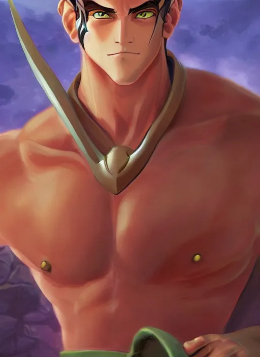 Image similar to official digital painting artwork of a male warrior character by don bluth, artgerm ross tran and studio ghibli.