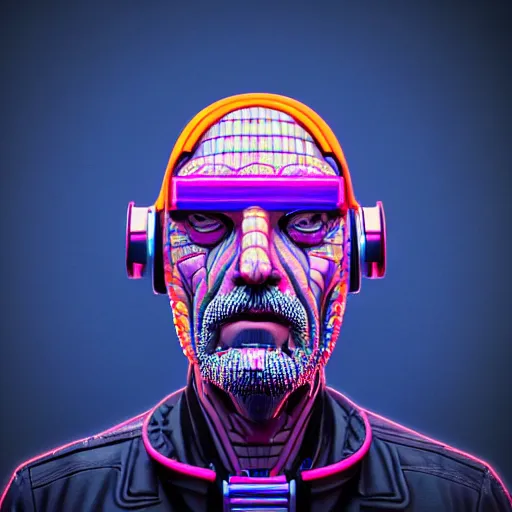 Prompt: Colour Photography of 1000 years old man with highly detailed 1000 years old face wearing higly detailed cyberpunk VR Headset designed by Josan Gonzalez . in style of Josan Gonzalez. Rendered in Blender