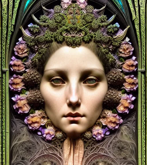 Prompt: hyperrealistic detailed face portrait of a beautiful young goddess morphing into a gothic cathedral, authentic ornamental architecture, intricate and highly detailed, awe inspiring art by ernst haeckel, h. r. giger, alphonso mucha, james jean, gothic, neo - gothic, heavily ornamental, nice deep colours,