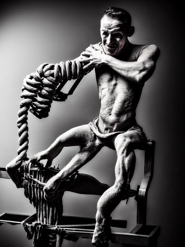 Image similar to a perfect portrait photograph, of a twisting man, being fed into a mangle. perfect focus and studio lighting.