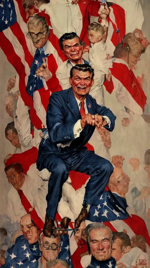 Image similar to ronald regan dressed as satan, painting in the style of norman rockwell, 1 9 5 0 s, evil, hyperrealistic, photorealistic, award - winning, 4 k, ultra hd, artstation, intricate, highly detailed, patriotic, american, usa, dark, gritty