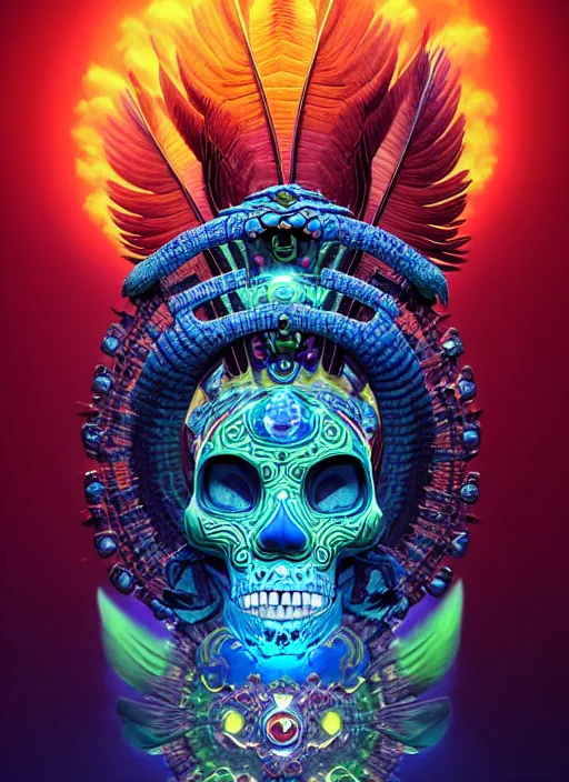 Image similar to 3 d shaman with tattoos profile portrait, sigma 5 0 0 mm f / 5. beautiful intricate highly detailed quetzalcoatl skull and feathers. bioluminescent, plasma, lava, ice, water, wind, creature, thunderstorm! artwork by tooth wu and wlop and beeple and greg rutkowski, 8 k trending on artstation,