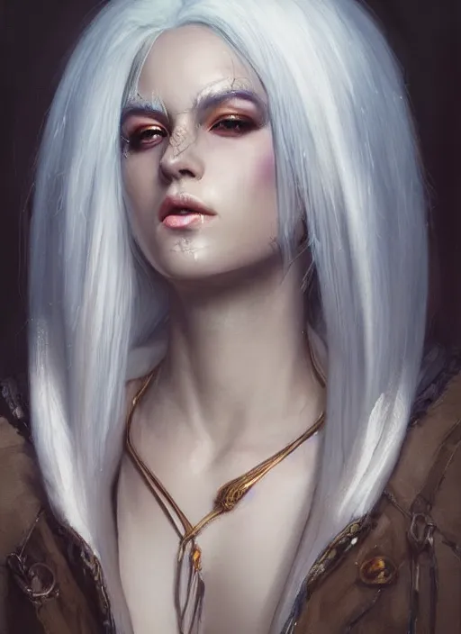 Image similar to girl with white hair, beautiful highly detailed face, complementary lighting, backlit, eyeshadow, divine, beautiful painting by artgerm and greg rutkowski and raymond swanland