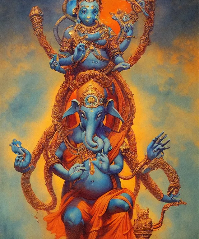 Image similar to blue ganesha with man ’ s body, glowing fiery background, in the style of peter mohrbacher, wayne barlowe, gustav moreau, bussiere, roberto ferri, santiago caruso, luis ricardo falero, austin osman spare, colorful