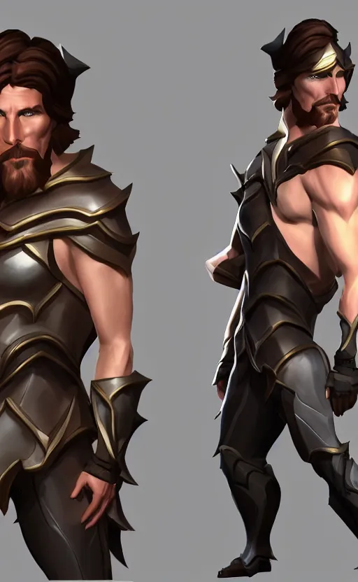 Image similar to Christian Bale as a character in the game League of Legends, with a background based on the game League of Legends, detailed face, old 3d graphics