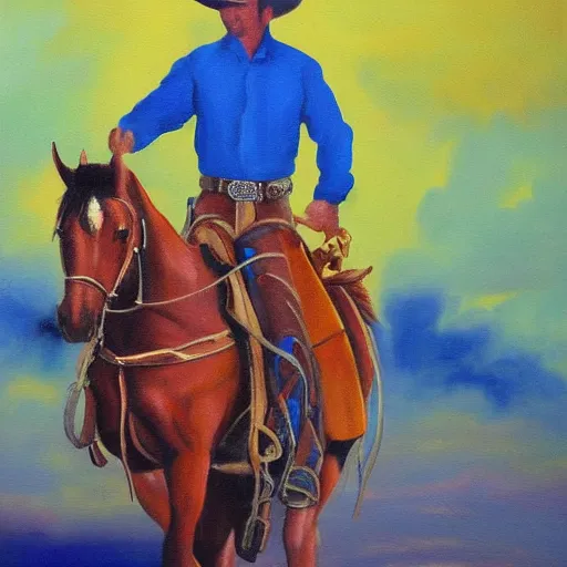 Image similar to a painting of a cowboy on horseback by mark maggiori