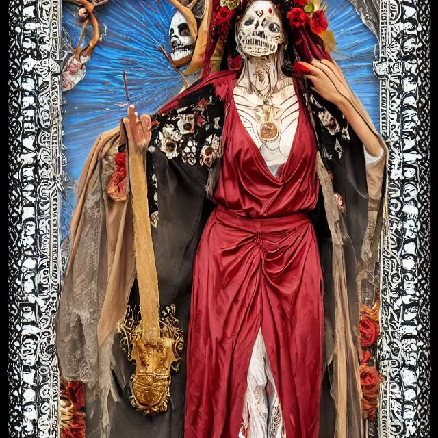 Prompt: santa muerte the folk saint of death realistic! full - body! picture! cute anatomy with an adorable face shapely body heavy chested, she's intricate and elegant wrapped in a light flowing silk, a few piercings, a highly detailed real - life 1 0 8 - megapixel photograph, art nouveau, epic composition, hd