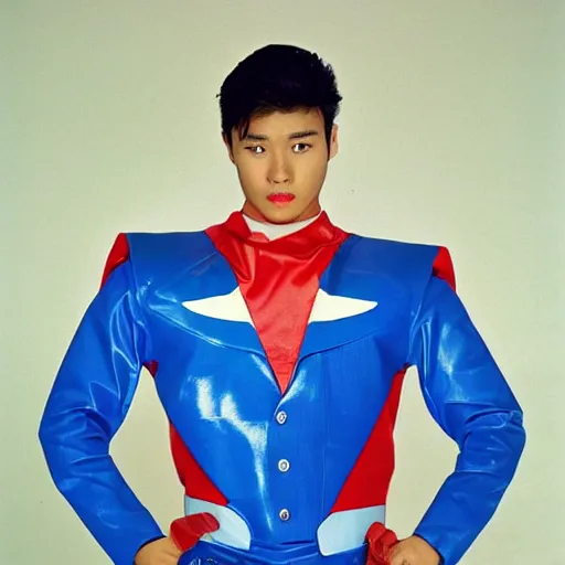 Image similar to a photograph of a super sentai Ranger wearing a dolphin themed blue and white suit, 80s aesthetic