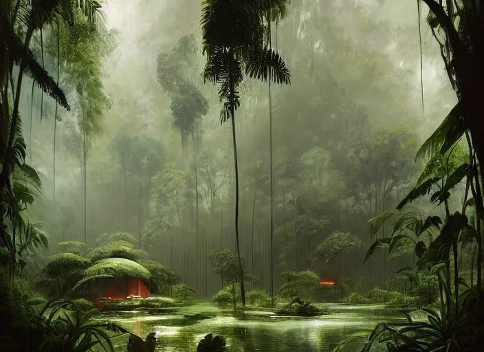 Image similar to a beautiful painting the insides of a geodesic house in a moist tropical rainforest, by greg rutkowski, realism, artstation, nature