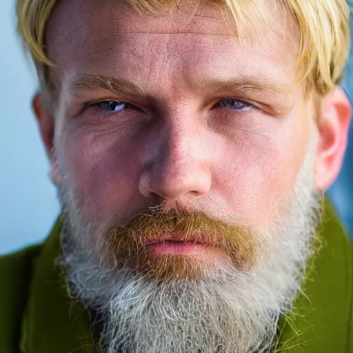 Prompt: close up of face of average looking 5 0 year old polish blond man with a blond beard and blond mutton chops, short wavy blond hair, green eyes, 1 8 0 0 s soldier, portrait, 4 k