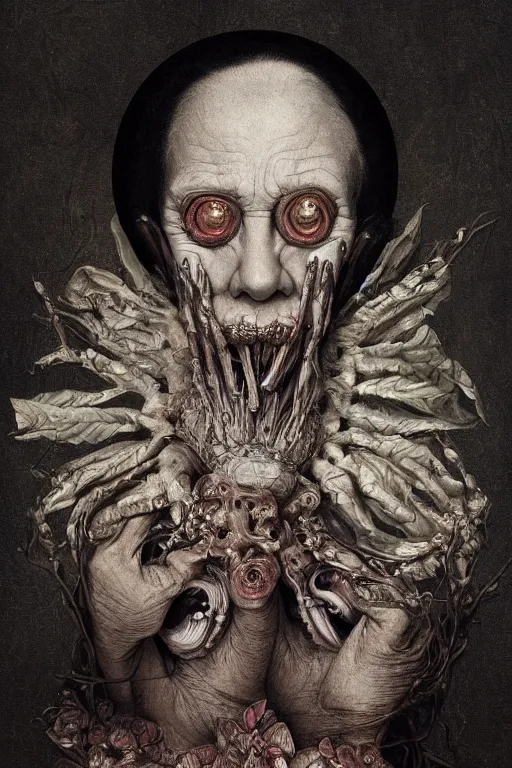 Prompt: Detailed maximalist portrait of an old woman with large lips and eyes, scared expression, botanical skeletal with extra flesh, HD mixed media, 3D collage, highly detailed and intricate, surreal illustration in the style of Caravaggio, dark art, baroque