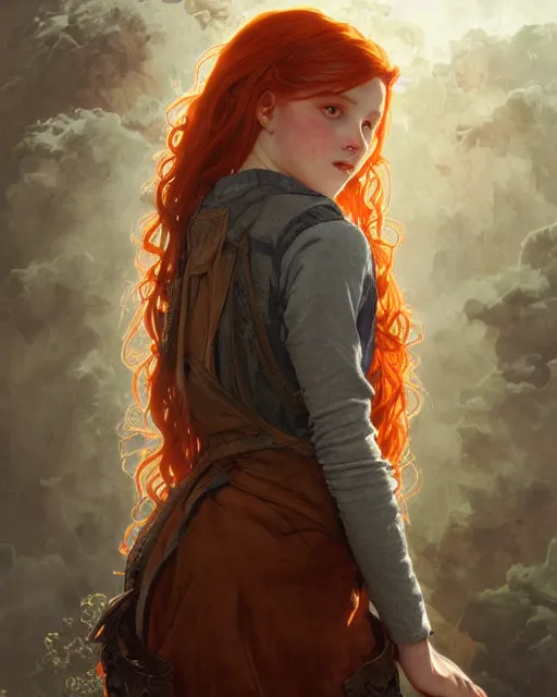 Image similar to portrait of 1 4 - year - old girl with flaming red hair, a lot of freckles, and bright brown eyes, wearing shirt, hyper realistic face, beautiful eyes, fantasy art, in the style of greg rutkowski, intricate, alphonse mucha, hyper detailed, smooth