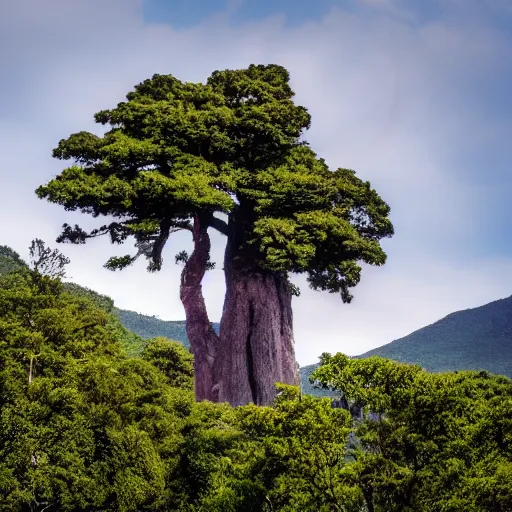 Image similar to A mountain with a giant tree on the top,