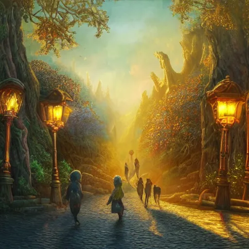 Image similar to a fantasy landscape with strange creatures walking the forest and fun buildings and streets, intricate street lamps and morning sunshine, realistic, painting, great lighting, golden hour, golden rule