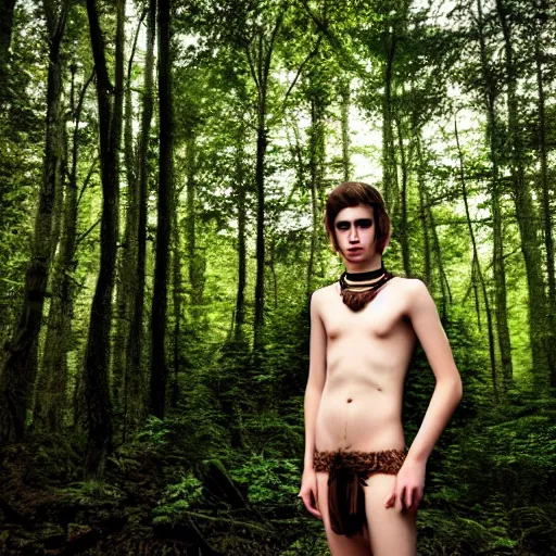 Image similar to a teenage boy, around 1 9 yo. choker necklace. natural brown hair. loincloth, pale skin. detailed face. ominous and eerie looking forest i'm background. natural colors.