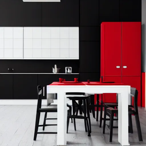 Prompt: photo of black kitchen fronts and furniture, red walls, white floor tiles, architecture, concept art