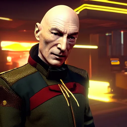 Prompt: tyrant captain picard tng, in cyberpunk 2 0 7 7 cp 2 0 7 7