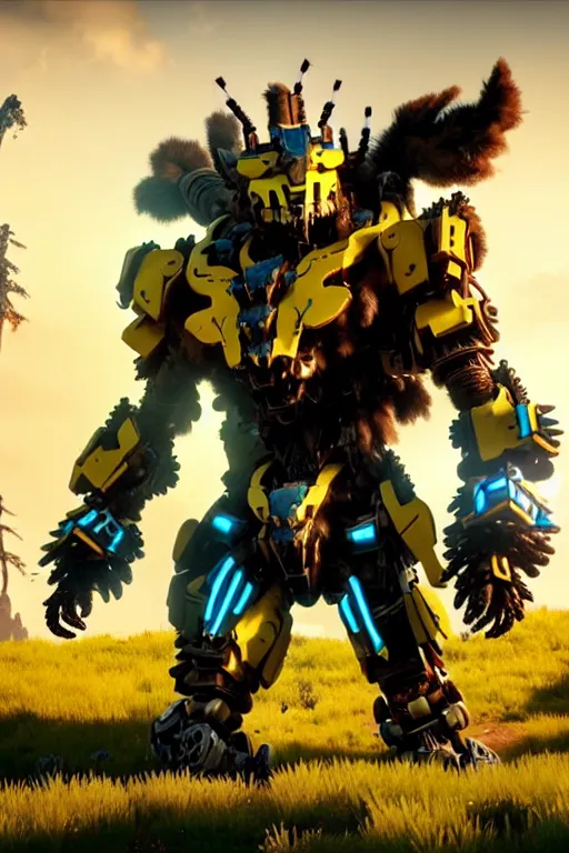 Image similar to a cinematic still from horizon zero dawn, yellow humanoid, yellow bumblebee mech, decepticon armor plating, octane render, nvidia raytracing demo, masterpiece, aged armor plating, aggressive head,