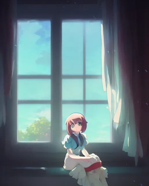 Prompt: a cute stylized thicc ghost girl, sitting on a windowsill of an old house, dramtic lighting, calming ， by makoto shinkai an krenz cushart