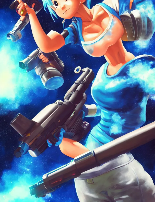 Prompt: painting of bulma from dbz holding a space lazer rifle, cinematic lighting, square enix, trending on artstation, hyperrealistic, ultra detailed, brushstroke art