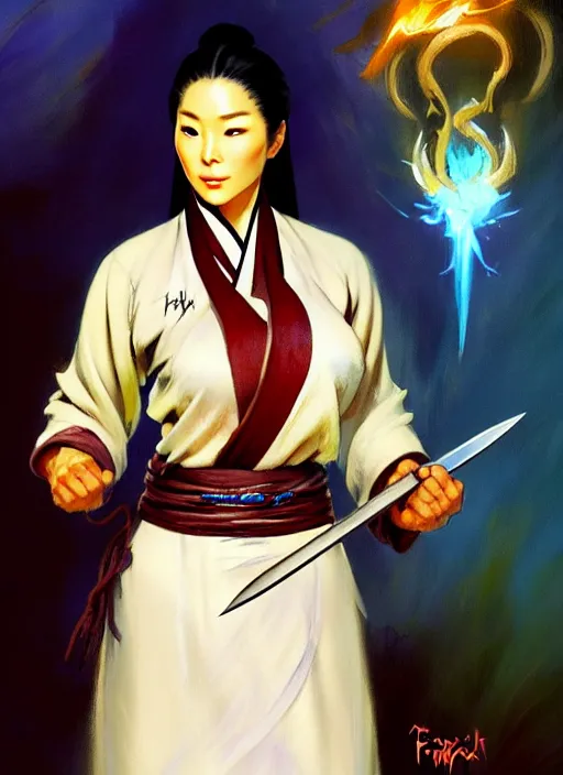 Image similar to magic : the gathering fantasy character concept art by frank frazetta and marco bucci, high resolution. a clear portrait of a stunning female south korean chef, wearing a beautiful hanbok apron, holding a kitchen knife, radiating powerful energy in the background, south korean vibes, fantasy coloring, intricate, digital painting, artstation, smooth, sharp focus