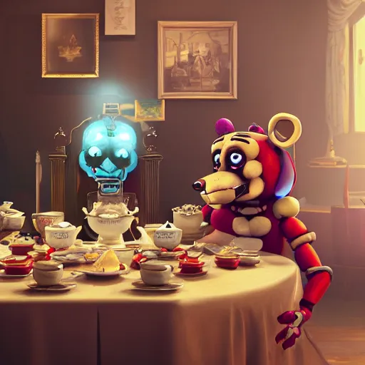 Image similar to a five nights at freddy's animatronic having an intense tea party with queen elizabeth ii, octane render / source, oil painting, trending on artstation, rossdraws